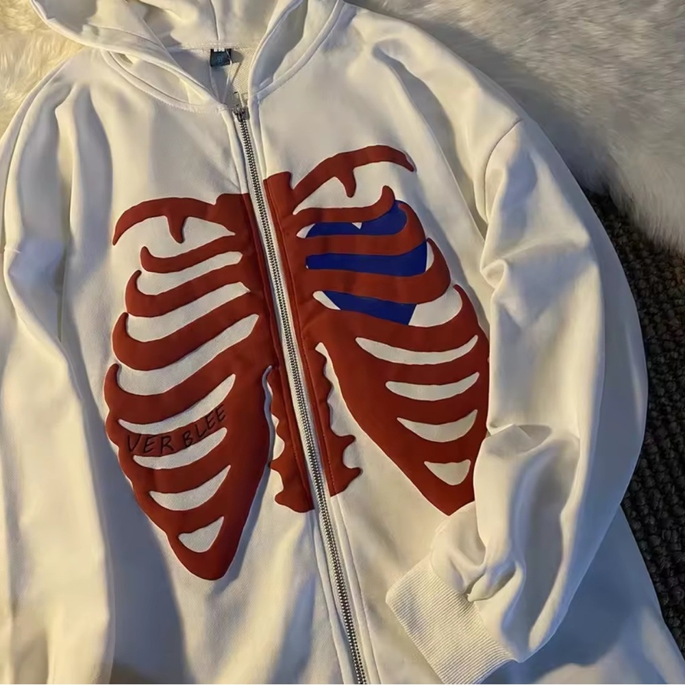 Amazon White and Red Skeleton Hoodie Cardigan